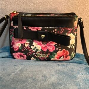 Juicy Couture Pink and Black Crossbody Bag with Floral Design